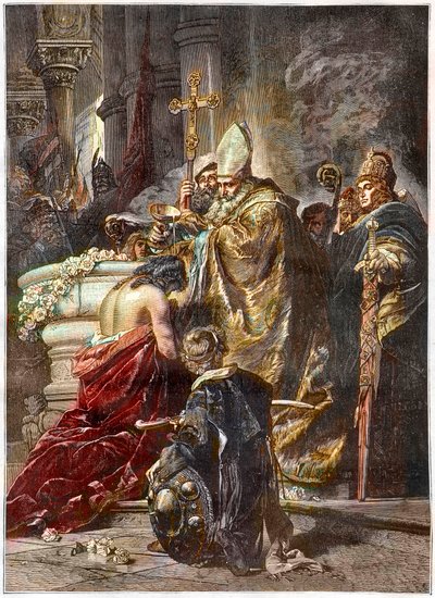 Pyhän Stefanoksen kaste (c970-1038), pyhä ja Unkarin ensimmäinen kuningas - pyhimys Adalbert Prahalainen kastoi Gyula Benczurin teoksen jälkeen - Unkarin prinssi Vajk kastaa Prahan pyhä Adalbert ja ottaa nimen Stephen (Pyhä Stephen I Ki tekijältä Gyula Benczúr