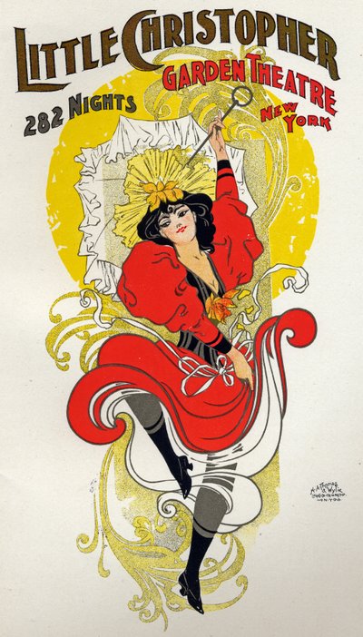 Viihde. Tanssi. Cancan tanssija. Juliste: H.A. Thomas esitykseen Little Christopher Theatressa, New Yorkissa, Yhdysvalloissa, n. 1895 (juliste) tekijältä H.A. Thomas