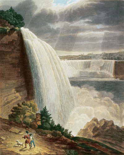 Niagara Falls, osa American Fall of the Stair Case, kaiverrus J. Hill, pub. kirjoittanut H.L.Megarcy (värikaiverrus) tekijältä H.J. Bennett