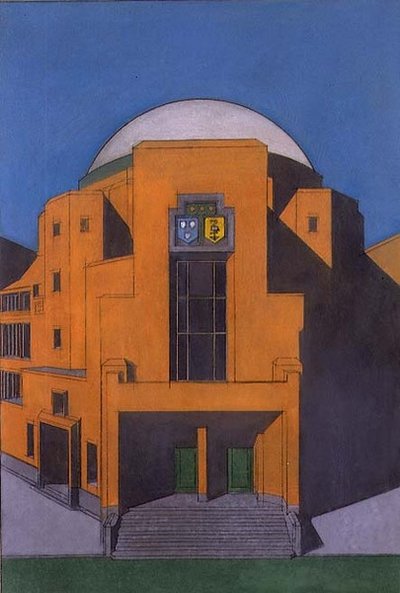 Haagin Gemeentemuseumin sisäänkäynnin suunnitelma (pastelli) tekijältä H.P. Berlage