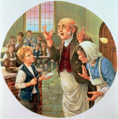 Oliver Twist pyytää lisää Charles Dickensin maailmasta, joka valmistettiin myöhemmin Spode-levyksi tekijältä H. Devine