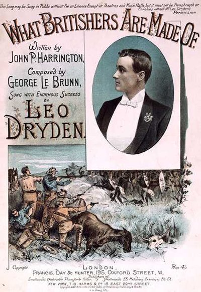 John P. Harringtonin kirjoittaman ja George le Brunnin säveltäjän What Britishers Are Made Of -kappaleen kannen etukansi (värilitho) tekijältä H. G. Banks