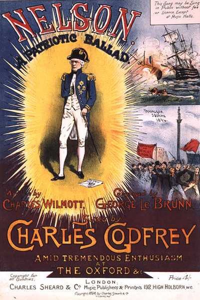 Etukansi kappaleeseen "Nelson, A Patriotic Ballad", kirjoittanut Charles Wilmott ja säveltänyt George le Brunn (värilitho) tekijältä H. G. Banks