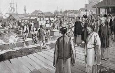 Komissaari Lin tuhoaa tuhansia oopiumilaatikoita (litografia) tekijältä H. M. (after) Burton