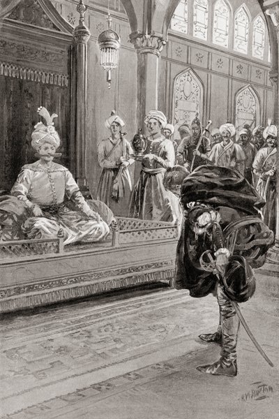 Sir Anthony Shirley vierailee Shah Abbas Suuren hovissa Persiassa vuonna 1599, Hutchinsonin kansojen historiasta, pub.1915 tekijältä H. M. (after) Burton