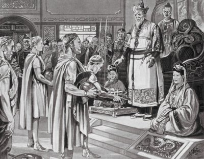 Kiinan keisari vastaanottaa tehtävän (litografia) tekijältä H. M. (after) Burton