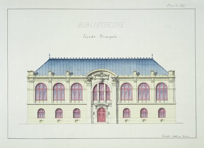 Kirjaston pääjulkisivu, levy XII mallisarjasta, noin 1870. tekijältä H. Monnot