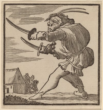 Kypärä selkä heiluttelee kahta miekkaa tekijältä H. Numan after Jacques Callot