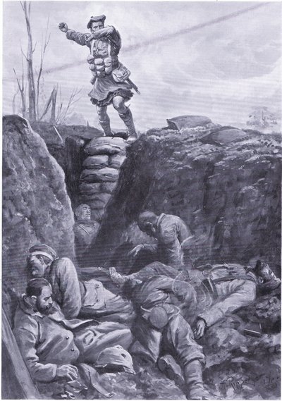 Private Brown (Gordon Highlander) pommittaa vihollista saksalaisessa kaivannossa barrikadin huipulta. (litografia) tekijältä H. Ripperger
