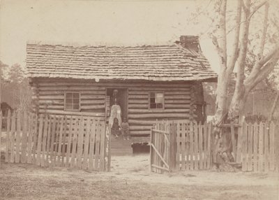 Albumiprintti naisesta ja kahdesta lapsesta hirsitalon edessä Georgiassa, 1880-luku. tekijältä H. S. Clark