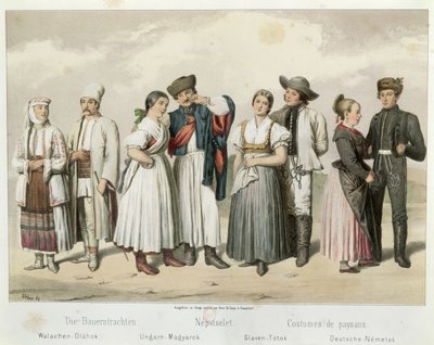 Talonpoikien puvut (L–R) Romaniasta, Unkarista, Slovakiasta ja Saksasta, Gabriel de Pronayn teoksesta Esquisses de la Vie Populaire en Hongriche, 1855 tekijältä H. Veber