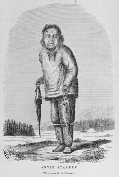 Anvik Stareek tai "One More Leaf of Tobacco", "Alaska ja sen luonnonvarat", William H. Dall, kaiverrus John Andrew, pub. 1870 tekijältä H. W., Elliot