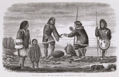 Tuski ja Mahlemuts Trading for Oil, "Alaska ja sen luonnonvarat", William H. Dall, kaiverrus John Andrew, pub. 1870 tekijältä H. W., Elliot