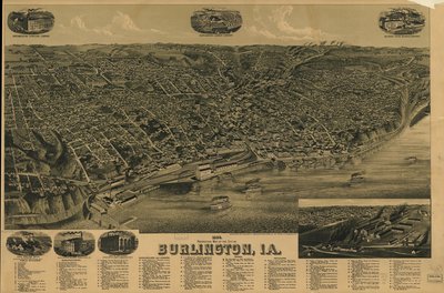 Vuoden 1889 perspektiivikartta Burlingtonin kaupungista, Ia. LOC 75693230 tekijältä H. Wellge