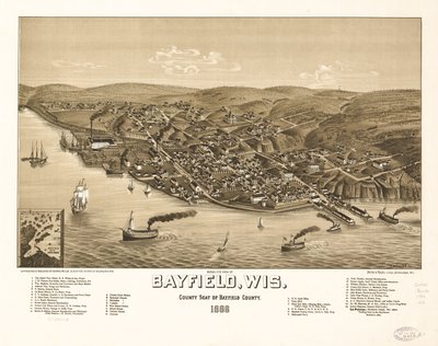 Bayfield, Wis., Bayfieldin piirikunnan pääkaupunki, lintuperspektiivistä 1886. LOC 75696703 tekijältä H. Wellge
