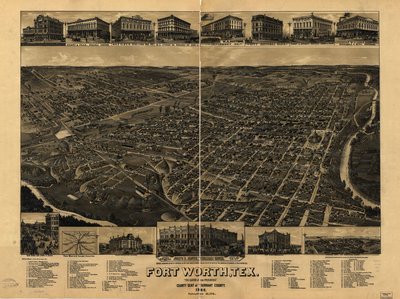 Perspektiivikartta ei ole piirretty mittakaavassa. Lintuperspektiivi. LC Panoramic maps (2. painos), 910 Saatavilla myös Library of Congress -verkkosivuston kautta rasterikuvana. Sisältää kuvan, hakemiston kiinnostaviin kohteisiin ja kartan Fort Worthin ra tekijältä H. Wellge