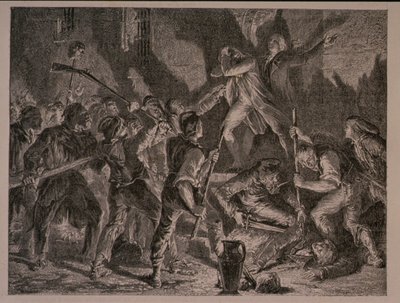 Teurastus vankiloissa syyskuussa 1792, kaiverrus Jean-Baptiste Charles Carbonneau (s.1815) tekijältä H. de la Charlerie
