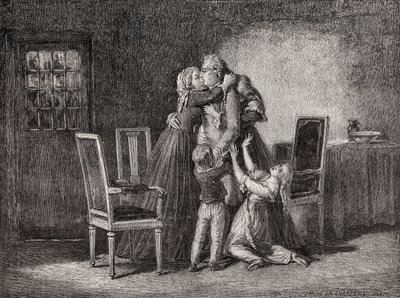 Kuninkaallisen perheen viimeiset jäähyväiset, 20. tammikuuta 1793, kaiverrettu Carbonneau, Louis Blancin (1811-82) teoksesta "Histoire de la Revolution Francaise" tekijältä H. de la Charlerie