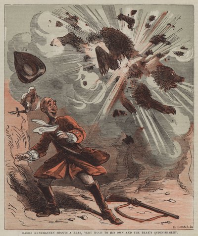 Paroni Münchausen ampuu karhun, suureksi omaksi ja karhun hämmästykseksi (väri litho) tekijältä after Hablot Knight Browne