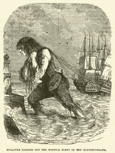 Gulliver kuljettaa pois Blefuscudilaisten vihamielisen laivaston (kaiverrus) tekijältä after Hablot Knight Browne