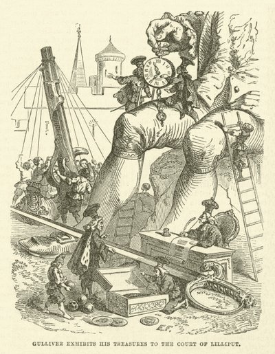 Gulliver esittelee aarteitaan Lilliputin hoviin (kaiverrus) tekijältä after Hablot Knight Browne