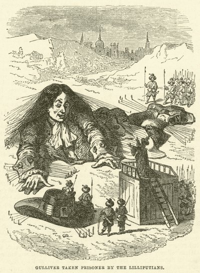Gulliver joutui liliputilaisten vangiksi (kaiverrus) tekijältä after Hablot Knight Browne