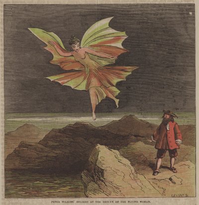 Peter Wilkinsin ilo lentävän naisen paluusta (värilitografia). tekijältä after Hablot Knight Browne