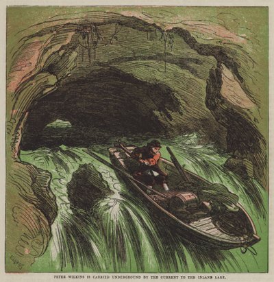Virta kuljettaa Peter Wilkinsin maan alle Inland Lakelle (väri litho) tekijältä after Hablot Knight Browne