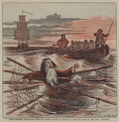 Flying Islandilta matkustavan Peter Wilkinsin noutaa Cape Hornin laiva "Hector" (väri litho) tekijältä after Hablot Knight Browne