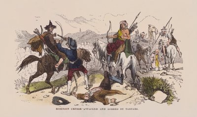 Tatarit hyökkäsivät Robinson Crusoeen ja ryöstivät sen (värillinen kaiverrus) tekijältä after Hablot Knight Browne