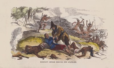 Robinson Crusoe pelastaa espanjalaisen (värillinen kaiverrus) tekijältä after Hablot Knight Browne