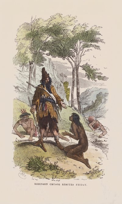 Robinson pelastaa perjantain (värillinen kaiverrus) tekijältä after Hablot Knight Browne