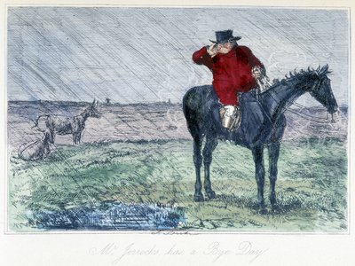 Hevosenmetsästyskohtaus sateisena päivänä. Englantilainen karikatyyri ketunmetsästyksestä teoksesta "Adventures of Thomas Scott or Hauwbuck Grange", kuvitus H.K. Browne ja W.T. Maud. tekijältä Hablot Knight Browne