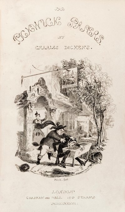 Nimisivu julkaisusta "Pickwick Clubin kuolemanjälkeiset paperit", joka julkaistiin kirjana vuonna 1837 tekijältä Hablot Knight Browne
