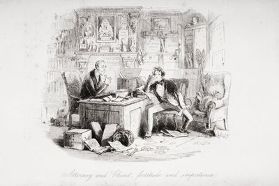 Asianajaja ja asiakas, rohkeutta ja kärsimättömyyttä, kuvitus Charles Dickensin (1812-70) teoksesta "Bleak House", julkaistu 1853 (litho) tekijältä Hablot Knight Browne