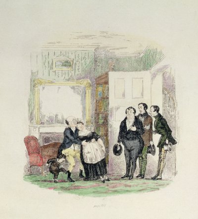 Hänen ystävänsä löytävät herra Pickwickin rouva Bardellin sylissään, kuvitus Charles Dickensin (1812-70) Pickwick Papersista 1837 (värikaiverrus) tekijältä Hablot Knight Browne