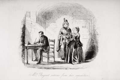 Rouva Bagnet palaa tutkimusmatkaltaan, kuvitus Charles Dickensin (1812-70) "Bleak Housesta" julkaistiin 1853 tekijältä Hablot Knight Browne