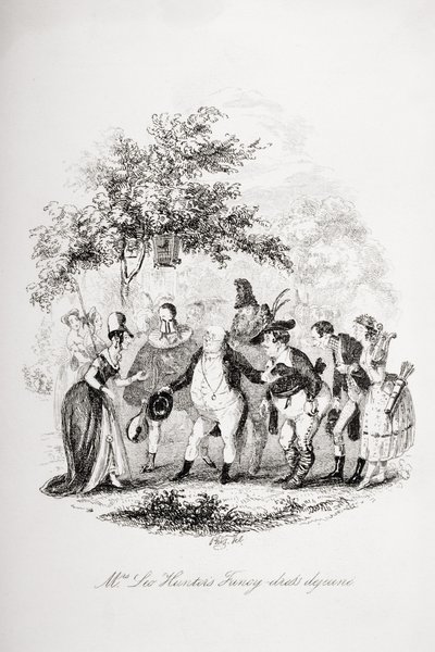 Rouva Leo Hunterin Fancy-dress dejeune, kuvitus Charles Dickensin (1812-70) Pickwick Papersista, julkaistu 1837 tekijältä Hablot Knight Browne