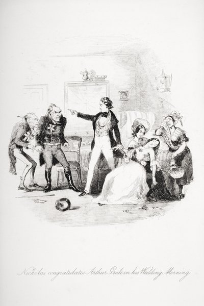 Nicholas onnittelee Arthur Gridea hääaamuna, kuvitus Charles Dickensin (1812-70) "Nicholas Nicklebystä" julkaistiin 1839 (katso myös 259152) tekijältä Hablot Knight Browne