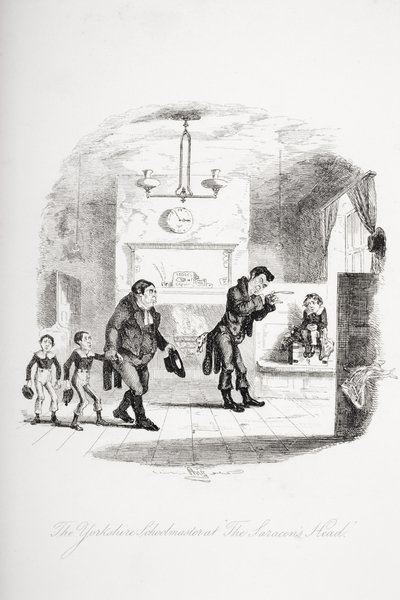 Yorkshiren koulumestari Saraseenien päässä, kuvitus Charles Dickensin (1812-70) Nicholas Nicklebystä, julkaistu 1839 tekijältä Hablot Knight Browne