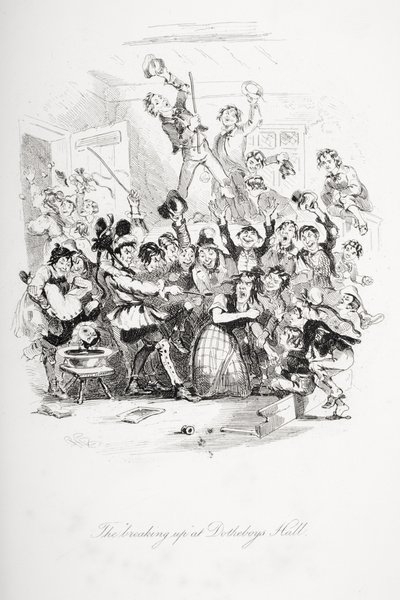 Dotheboys Hallin "hajoaminen", kuvitus Charles Dickensin (1812-70) teoksesta "Nicholas Nickleby", julkaistu 1839. tekijältä Hablot Knight Browne