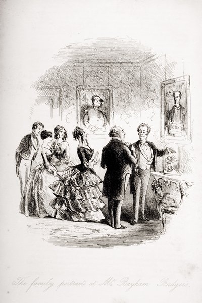 Perhekuvat Mr. Bayham Badgerin luona, kuvitus Charles Dickensin (1812-70) teoksesta "Bleak House", julkaistu 1853 (litho) tekijältä Hablot Knight Browne