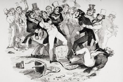 Viimeinen tappelu Sir Mulberryn ja hänen oppilaansa välillä, kuvitus Charles Dickensin (1812-70) teoksesta "Nicholas Nickleby", julkaistu 1839 (litho) (katso myös 249150) tekijältä Hablot Knight Browne