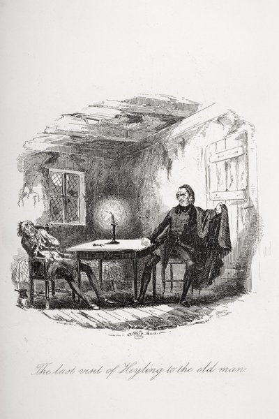 Heylingin viimeinen vierailu vanhan miehen luona, kuvitus Charles Dickensin (1812-70) Pickwick Papersista, julkaistu 1837 tekijältä Hablot Knight Browne