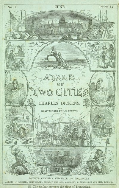 Nimisivu Charles Dickensin kirjan "A Tale of Two Cities" 1859 sarjamuotoisen painoksen ensimmäisestä osasta tekijältä Hablot Knight Browne
