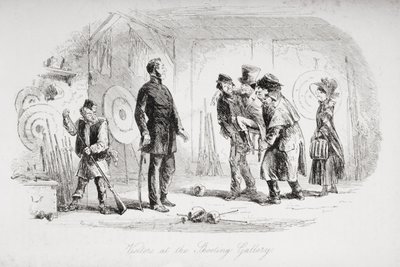 Vierailijat ampumagalleriassa, kuvitus Charles Dickensin (1812-70) 