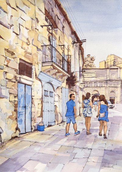 Kolmikko sinisessä, Valletta, Malta, n.2024 (akvarelli ja muste). tekijältä Hadley Rampton
