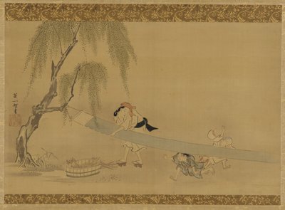 Nainen venyttelee kangasta kuivumaan, kaksi lasta leikkimässä, Edo-kausi, 1600-luvun loppu - 1700-luvun alku. tekijältä Hanabusa Itcho