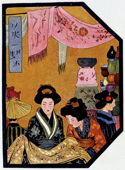 Nuori japanilainen silkkikaupoissa - Félicien Champsaurin ””japanilaisessa nukkessa”, ill. Hanafusa Itcho, Pariisi tekijältä Hanabusa Itcho