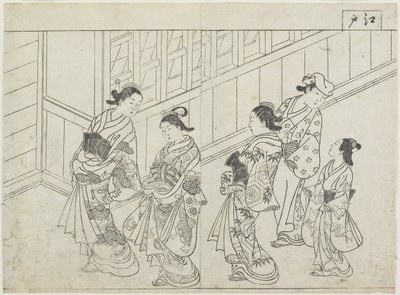 Viisi prostituoitua talon edessä, 1770-luvun alku (puupainatus) tekijältä Hanabusa Shigenobu